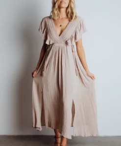 BB Custom Jennifer Deep V Maxi Dress | Sand