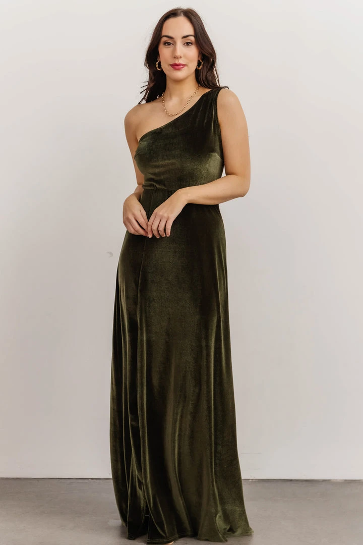 BB Custom Tatiana Velvet One Shoulder Maxi Dress | Olive Dresses 9 BB Custom Tatiana Velvet One Shoulder Maxi Dress | Olive Dresses