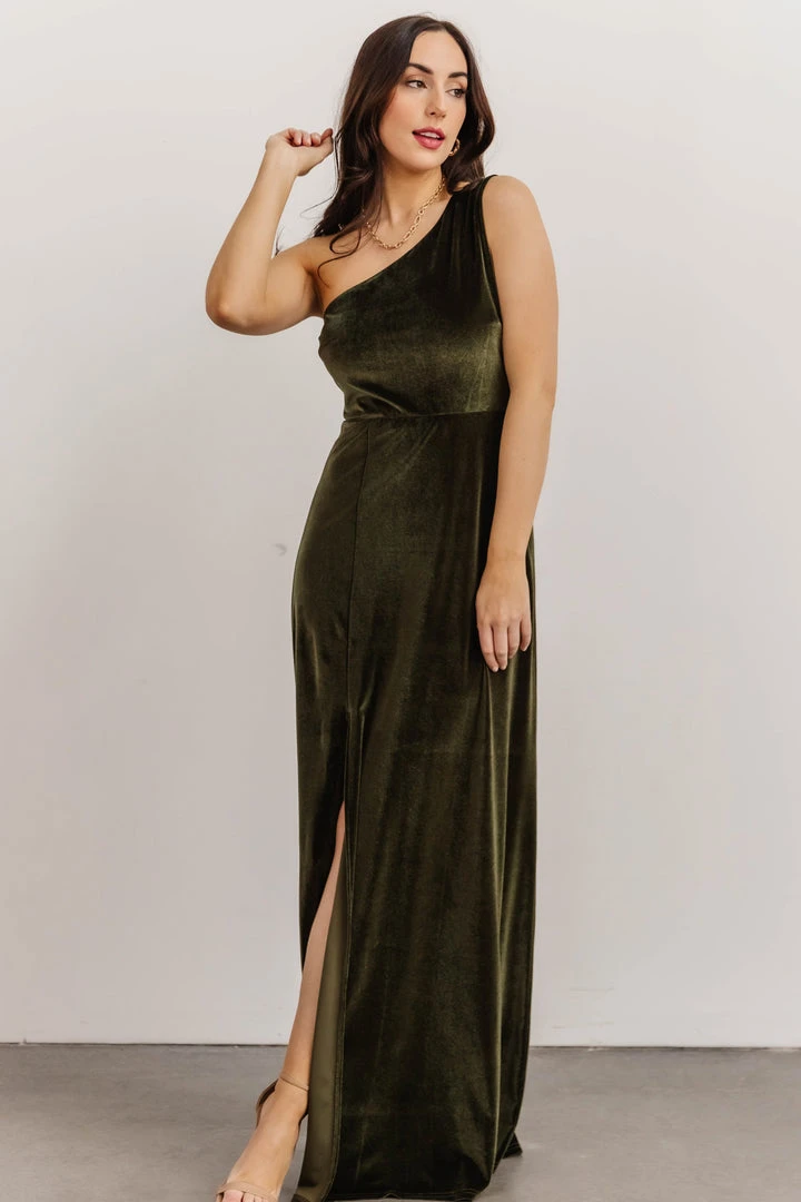 BB Custom Tatiana Velvet One Shoulder Maxi Dress | Olive Dresses 2 BB Custom Tatiana Velvet One Shoulder Maxi Dress | Olive Dresses