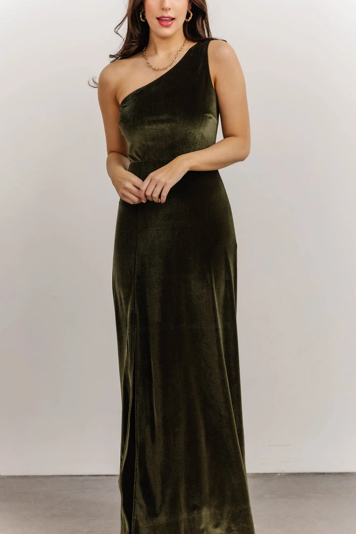 BB Custom Tatiana Velvet One Shoulder Maxi Dress | Olive Dresses 10 BB Custom Tatiana Velvet One Shoulder Maxi Dress | Olive Dresses