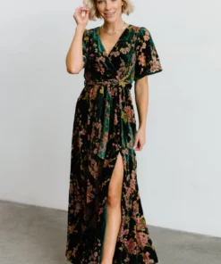 BB Custom Uma Velvet Maxi Dress | Green Floral