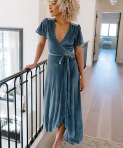 BB Custom Dresses Andi Ribbed Velvet Wrap Dress | Blue