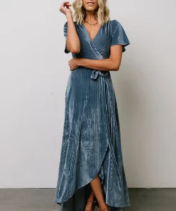 BB Custom Dresses Andi Ribbed Velvet Wrap Dress | Blue