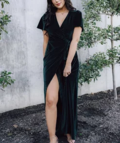 BB Custom Andi Ribbed Velvet Wrap Dress | Emerald
