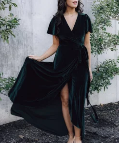 BB Custom Andi Ribbed Velvet Wrap Dress | Emerald