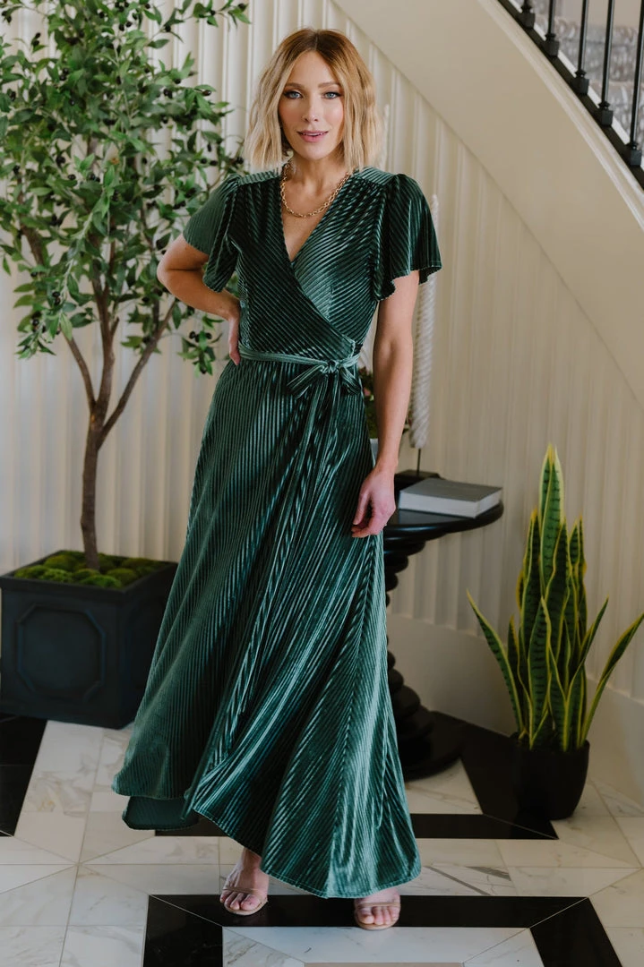 BB Custom Dresses Andi Ribbed Velvet Wrap Dress | Green 1 BB Custom Dresses Andi Ribbed Velvet Wrap Dress | Green
