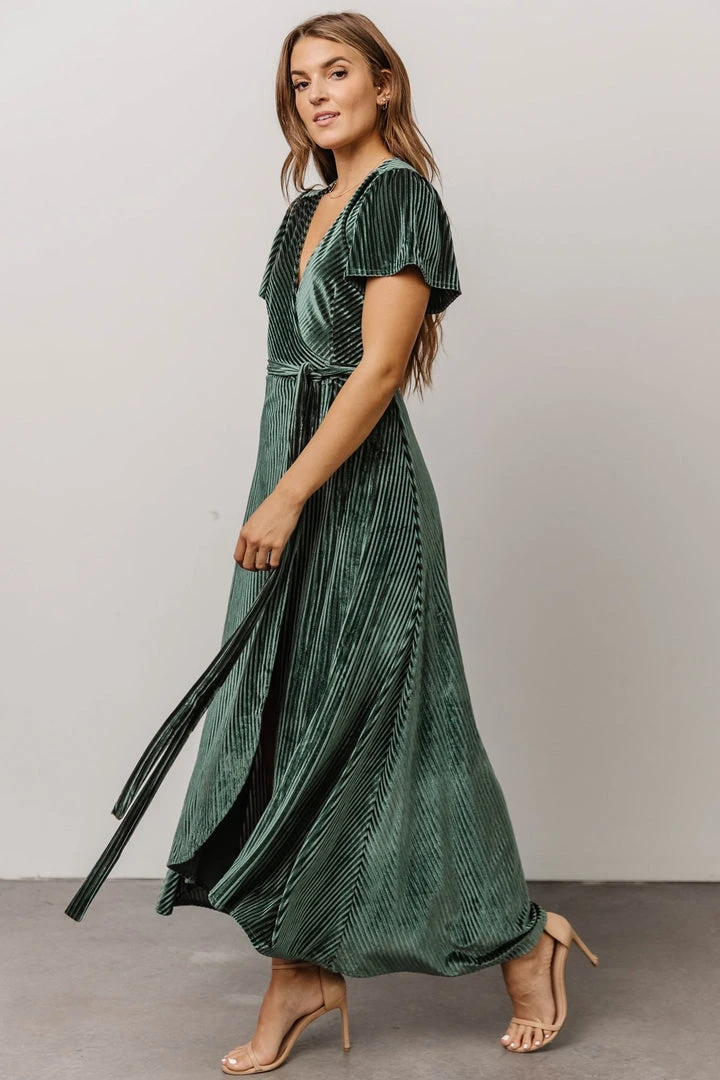 BB Custom Dresses Andi Ribbed Velvet Wrap Dress | Green 4 BB Custom Dresses Andi Ribbed Velvet Wrap Dress | Green