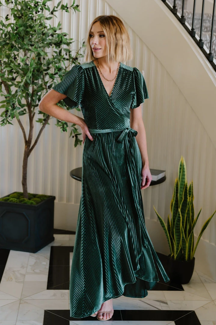 BB Custom Dresses Andi Ribbed Velvet Wrap Dress | Green 8 BB Custom Dresses Andi Ribbed Velvet Wrap Dress | Green