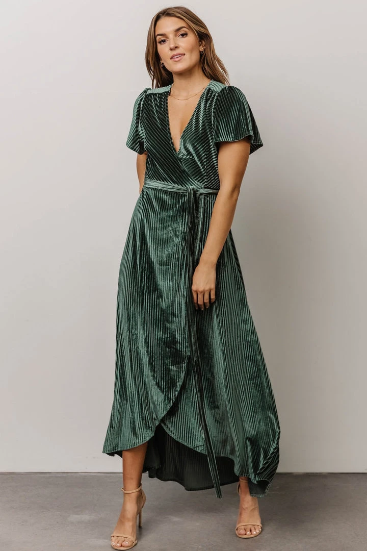 BB Custom Dresses Andi Ribbed Velvet Wrap Dress | Green 3 BB Custom Dresses Andi Ribbed Velvet Wrap Dress | Green