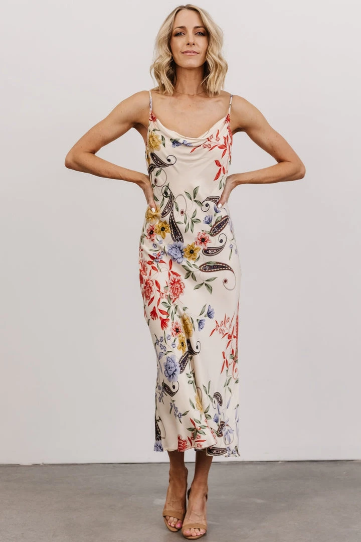 DF Arabella Cowl Neck Midi Dress | Ivory Multi Floral Dresses 1 DF Arabella Cowl Neck Midi Dress | Ivory Multi Floral Dresses