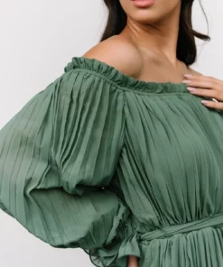 FT Aubrey Off Shoulder Pleated Mini Dress | Green 15 FT Aubrey Off Shoulder Pleated Mini Dress | Green
