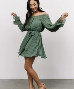 FT Aubrey Off Shoulder Pleated Mini Dress | Green 13 FT Aubrey Off Shoulder Pleated Mini Dress | Green
