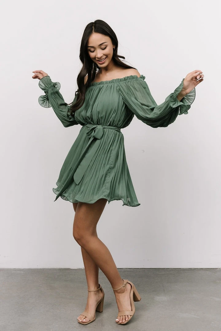 FT Aubrey Off Shoulder Pleated Mini Dress | Green 5 FT Aubrey Off Shoulder Pleated Mini Dress | Green