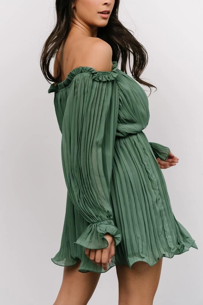FT Aubrey Off Shoulder Pleated Mini Dress | Green 8 FT Aubrey Off Shoulder Pleated Mini Dress | Green