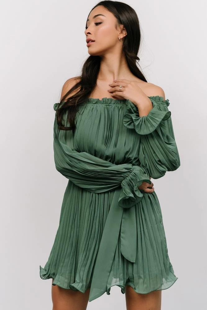 FT Aubrey Off Shoulder Pleated Mini Dress | Green 2 FT Aubrey Off Shoulder Pleated Mini Dress | Green