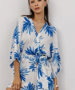 FT Banyan Kimono Romper | White + Blue Palm Print Boho