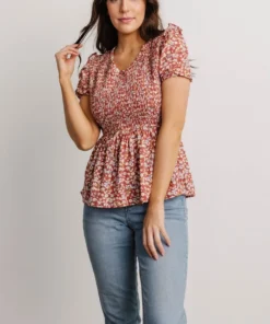 HAY Beatrix Smocked Top | Rust Floral Tops
