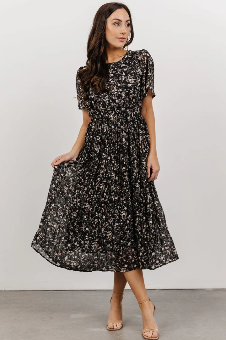 HAY Belfast Pleated Midi Dress | Black Floral Dresses 1 HAY Belfast Pleated Midi Dress | Black Floral Dresses