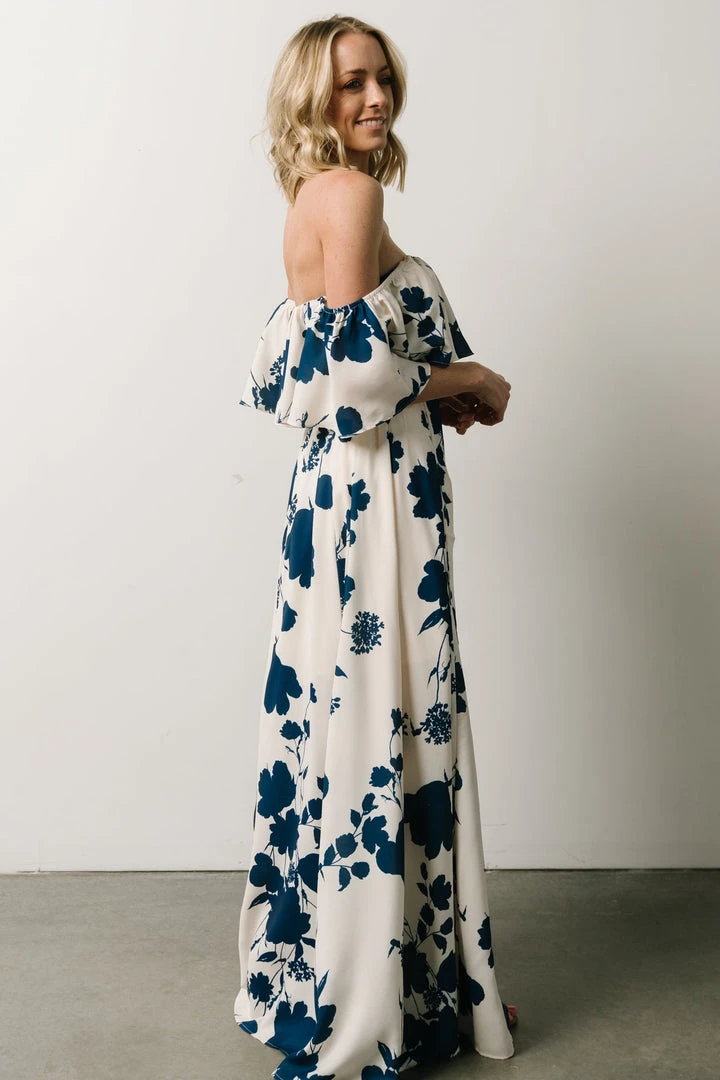 Soi Dresses Berlynn Off Shoulder Maxi Dress | Cream + Navy Floral 4 Soi Dresses Berlynn Off Shoulder Maxi Dress | Cream + Navy Floral