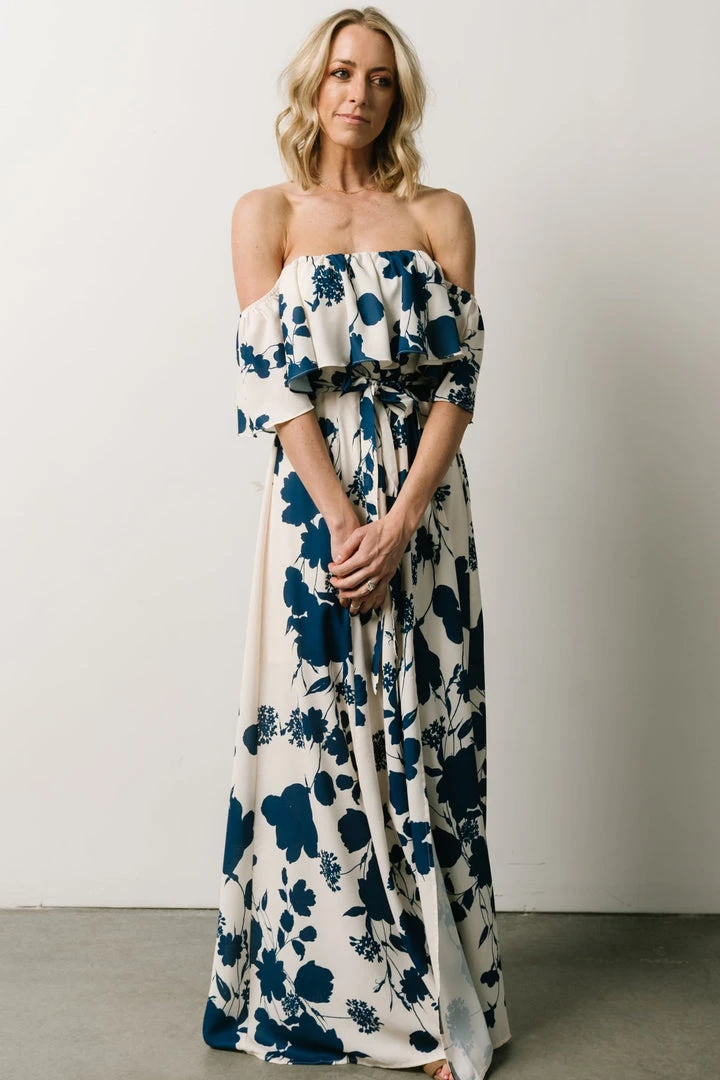 Soi Dresses Berlynn Off Shoulder Maxi Dress | Cream + Navy Floral 2 Soi Dresses Berlynn Off Shoulder Maxi Dress | Cream + Navy Floral