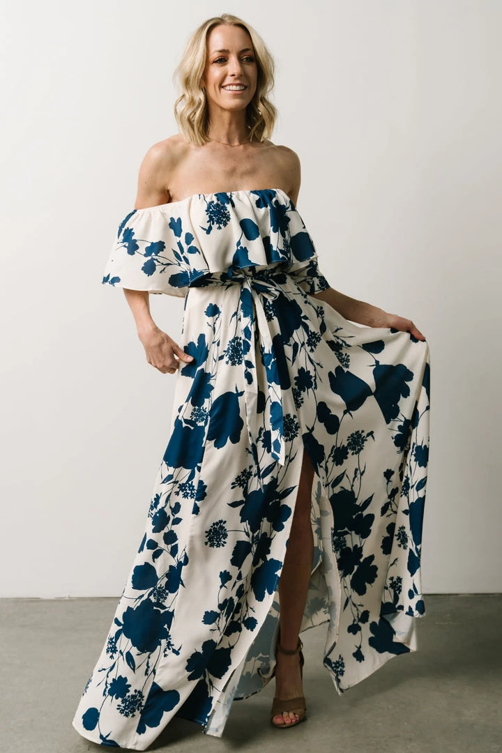 Soi Dresses Berlynn Off Shoulder Maxi Dress | Cream + Navy Floral 1 Soi Dresses Berlynn Off Shoulder Maxi Dress | Cream + Navy Floral
