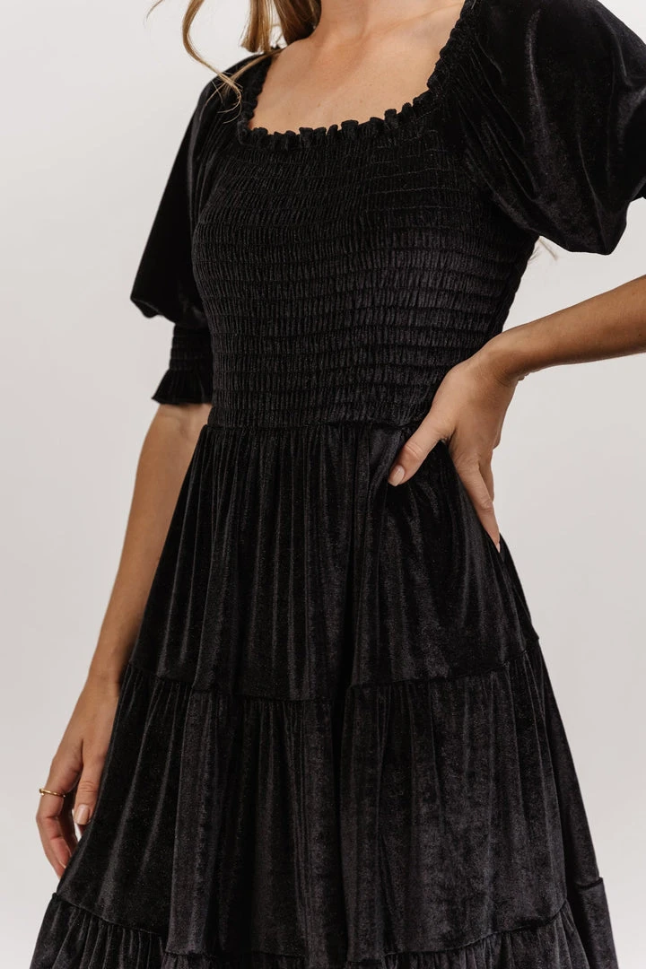 BB Custom Bliss Smocked Velvet Short Dress | Black 5 BB Custom Bliss Smocked Velvet Short Dress | Black