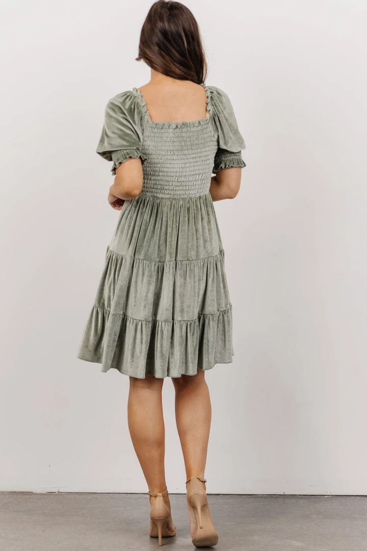 BB Custom Bliss Smocked Velvet Short Dress | Dusty Sage 6 BB Custom Bliss Smocked Velvet Short Dress | Dusty Sage