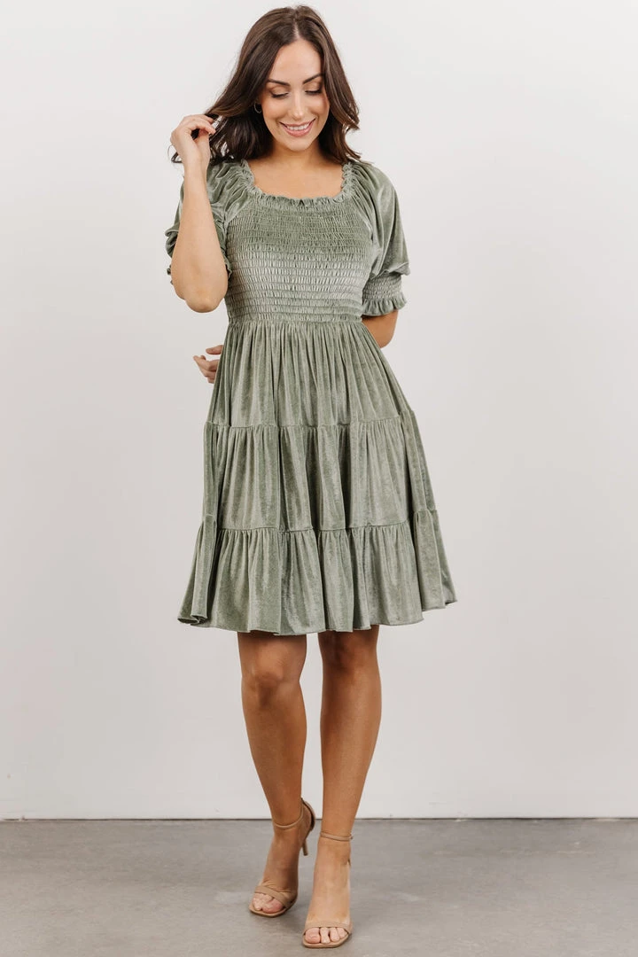 BB Custom Bliss Smocked Velvet Short Dress | Dusty Sage 1 BB Custom Bliss Smocked Velvet Short Dress | Dusty Sage