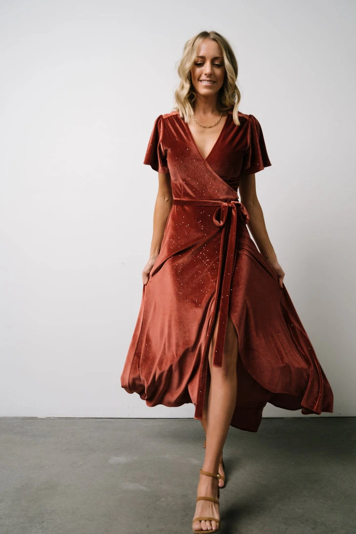BB Custom Dresses Calvin Sparkle Velvet Wrap Dress | Dusty Clay 11 BB Custom Dresses Calvin Sparkle Velvet Wrap Dress | Dusty Clay