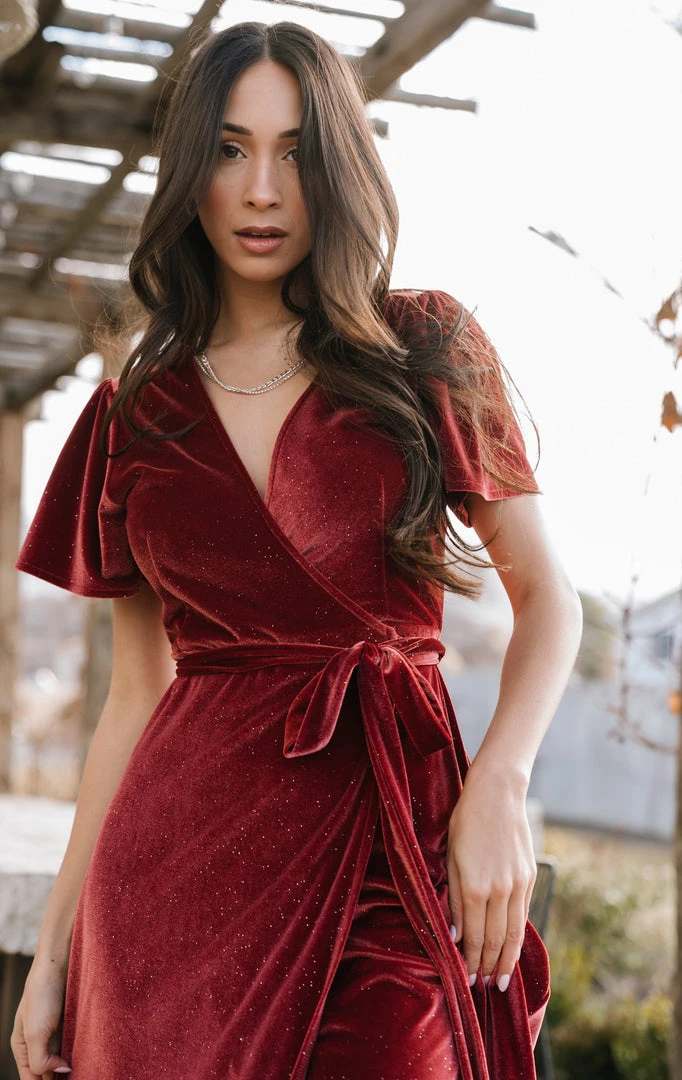 BB Custom Dresses Calvin Sparkle Velvet Wrap Dress | Dusty Clay 4 BB Custom Dresses Calvin Sparkle Velvet Wrap Dress | Dusty Clay