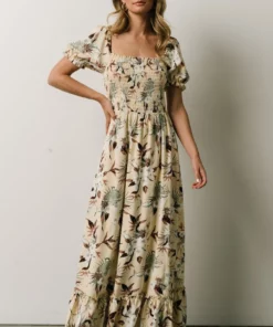 BB Custom Capri Smocked Maxi Dress | Cream Palm Print Dresses