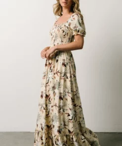 BB Custom Capri Smocked Maxi Dress | Cream Palm Print Dresses
