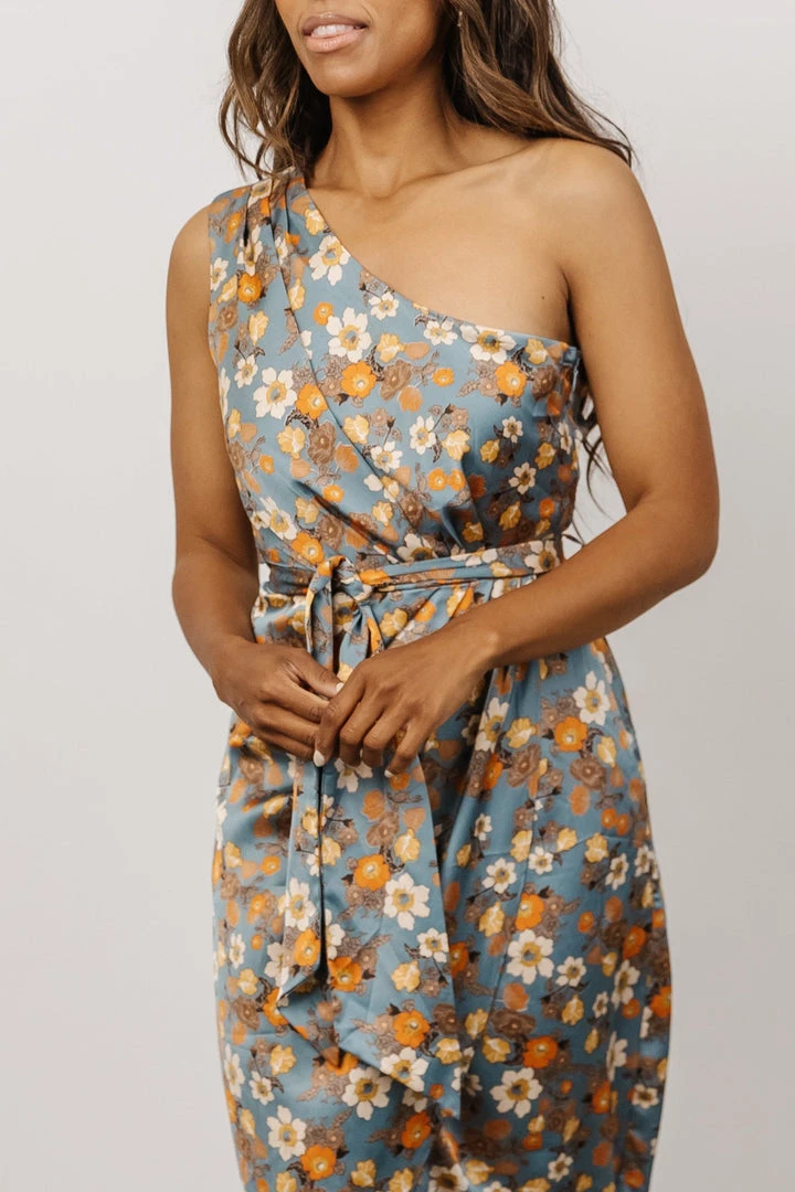BB Custom Dresses Celia One Shoulder Midi Dress | Blue Floral 3 BB Custom Dresses Celia One Shoulder Midi Dress | Blue Floral