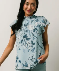 SL Chloe Mock Neck Top | Light Blue Floral Tops