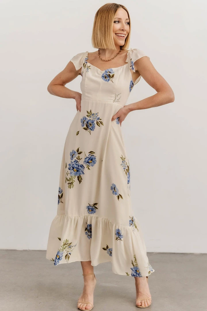 SL Clara Midi Dress | Cream + Blue Floral 1 SL Clara Midi Dress | Cream + Blue Floral