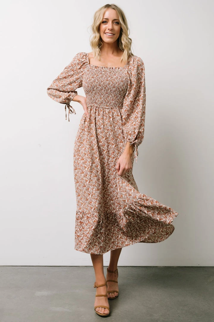 HAY Dell Smocked Midi Dress | Rust + Gray Floral Dresses 7 HAY Dell Smocked Midi Dress | Rust + Gray Floral Dresses