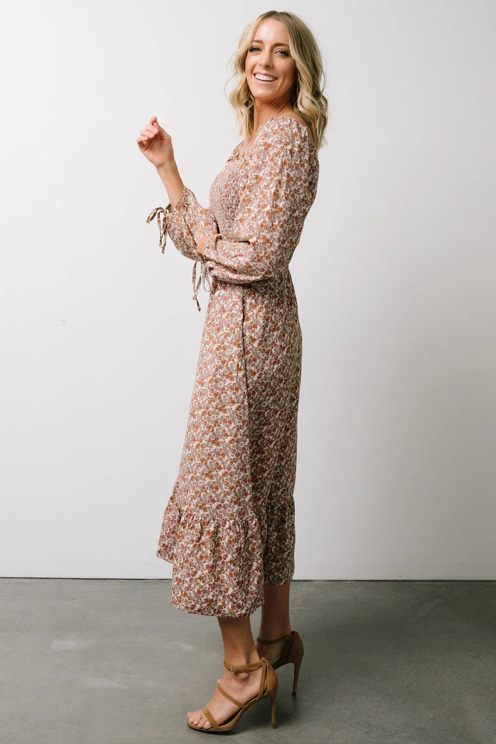 HAY Dell Smocked Midi Dress | Rust + Gray Floral Dresses 5 HAY Dell Smocked Midi Dress | Rust + Gray Floral Dresses