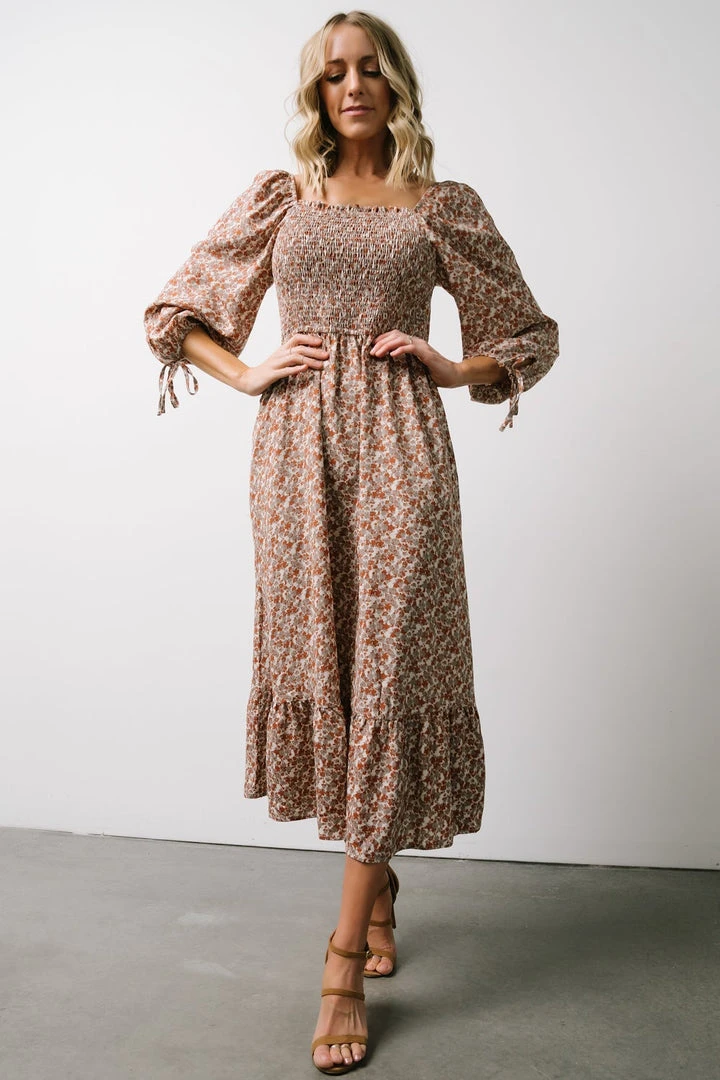 HAY Dell Smocked Midi Dress | Rust + Gray Floral Dresses 2 HAY Dell Smocked Midi Dress | Rust + Gray Floral Dresses