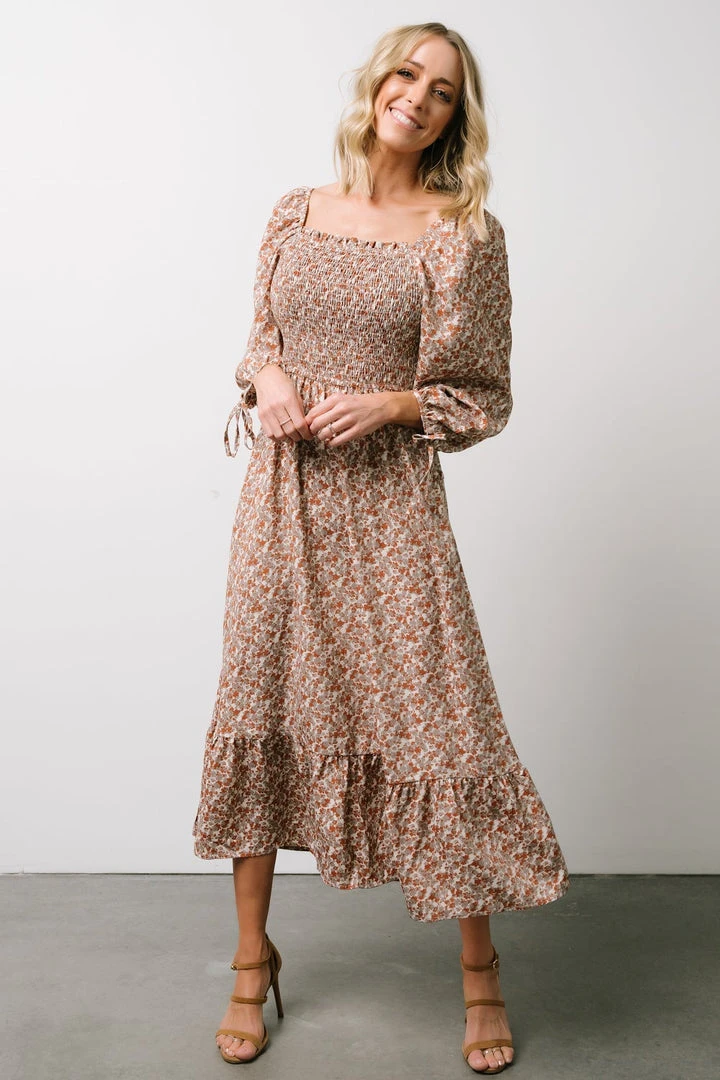 HAY Dell Smocked Midi Dress | Rust + Gray Floral Dresses 4 HAY Dell Smocked Midi Dress | Rust + Gray Floral Dresses