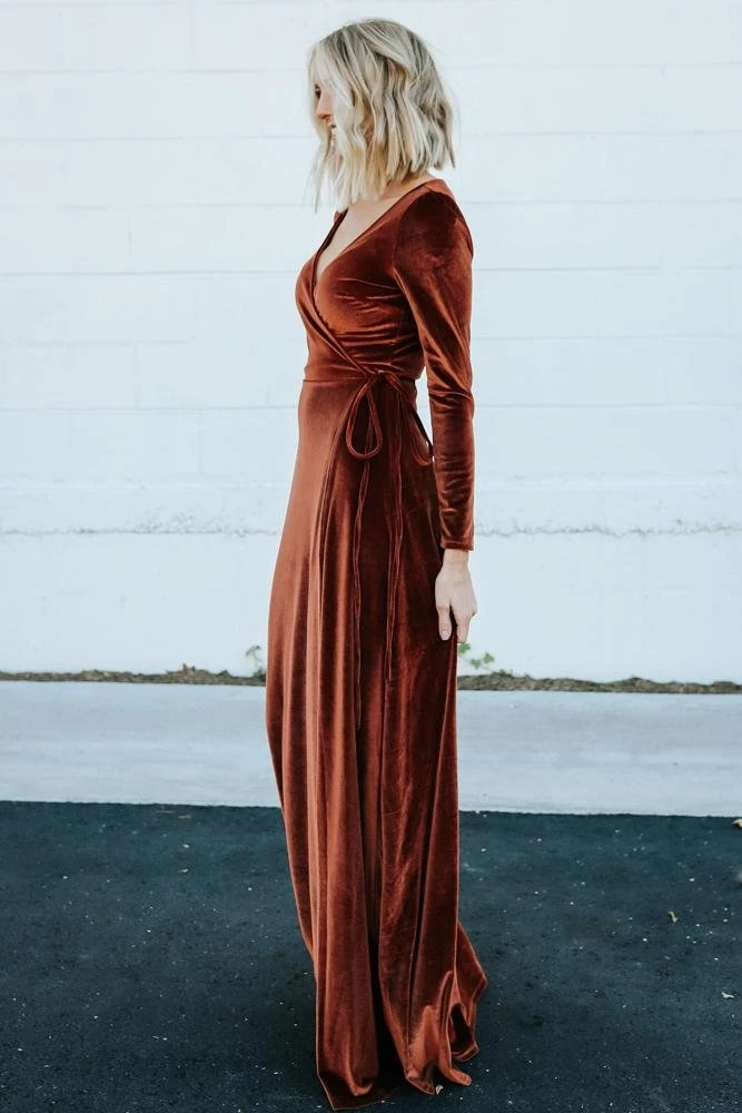 BB Custom Dresses Esmerelda Velvet Wrap Maxi Dress | Bronze 8 BB Custom Dresses Esmerelda Velvet Wrap Maxi Dress | Bronze