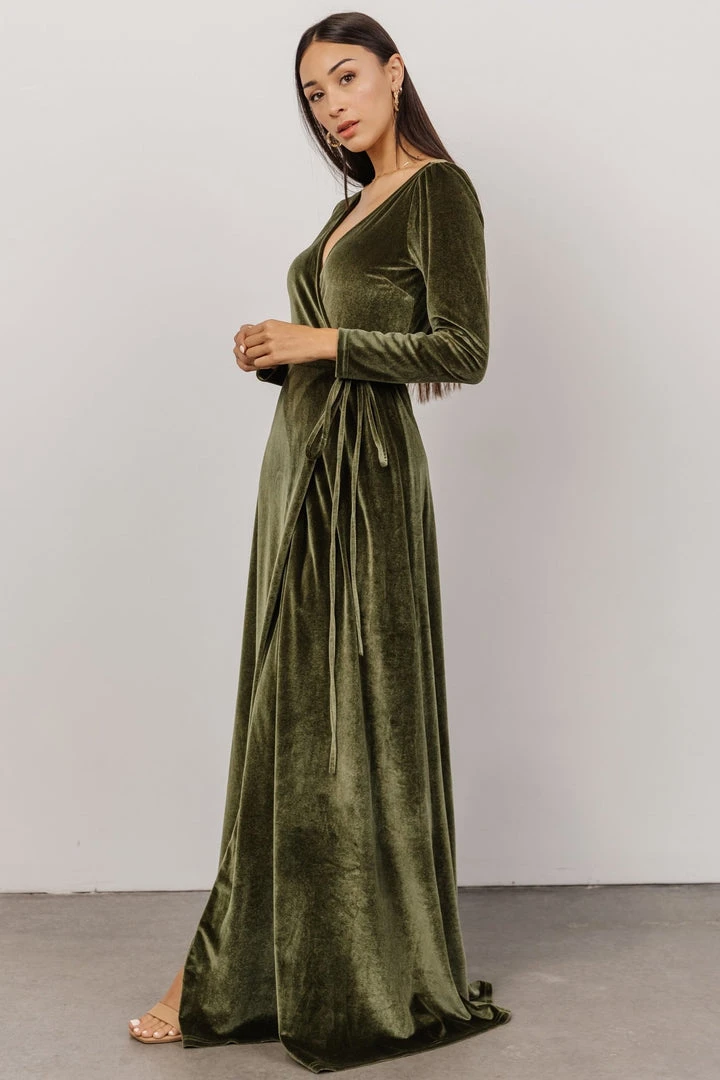 BB Custom Esmerelda Velvet Wrap Maxi Dress | Olive 6 BB Custom Esmerelda Velvet Wrap Maxi Dress | Olive