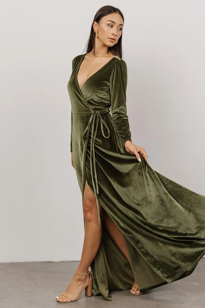 BB Custom Esmerelda Velvet Wrap Maxi Dress | Olive 5 BB Custom Esmerelda Velvet Wrap Maxi Dress | Olive