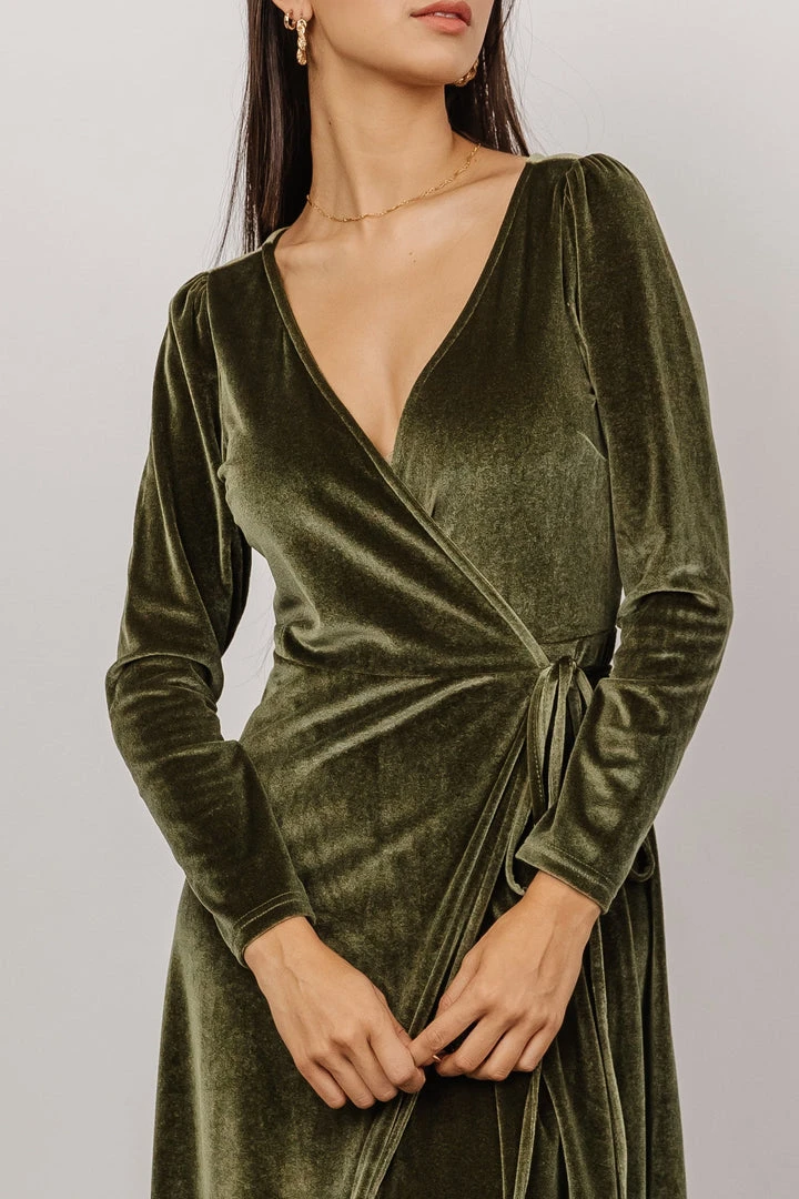 BB Custom Esmerelda Velvet Wrap Maxi Dress | Olive 4 BB Custom Esmerelda Velvet Wrap Maxi Dress | Olive