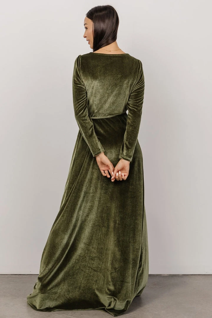 BB Custom Esmerelda Velvet Wrap Maxi Dress | Olive 3 BB Custom Esmerelda Velvet Wrap Maxi Dress | Olive