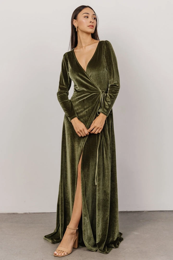 BB Custom Esmerelda Velvet Wrap Maxi Dress | Olive 1 BB Custom Esmerelda Velvet Wrap Maxi Dress | Olive
