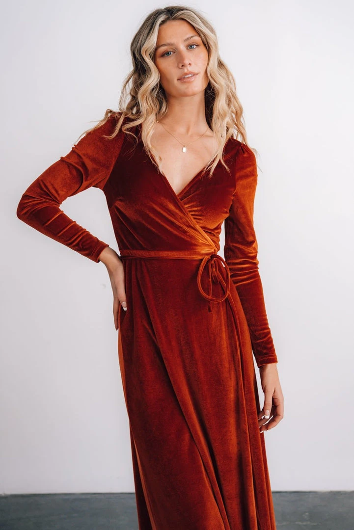 BB Custom Esmerelda Velvet Wrap Maxi Dress | Rust 9 BB Custom Esmerelda Velvet Wrap Maxi Dress | Rust