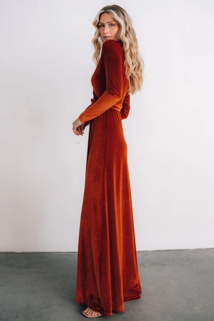 BB Custom Esmerelda Velvet Wrap Maxi Dress | Rust 4 BB Custom Esmerelda Velvet Wrap Maxi Dress | Rust