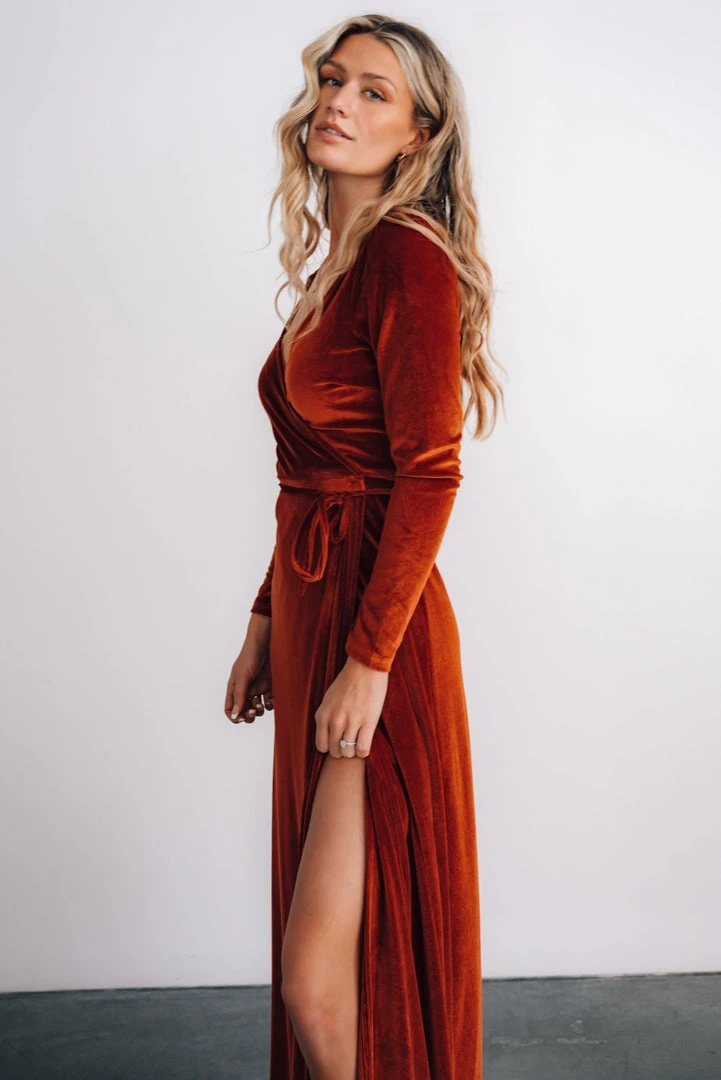 BB Custom Esmerelda Velvet Wrap Maxi Dress | Rust 2 BB Custom Esmerelda Velvet Wrap Maxi Dress | Rust