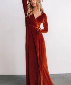 BB Custom Esmerelda Velvet Wrap Maxi Dress | Rust 15 BB Custom Esmerelda Velvet Wrap Maxi Dress | Rust