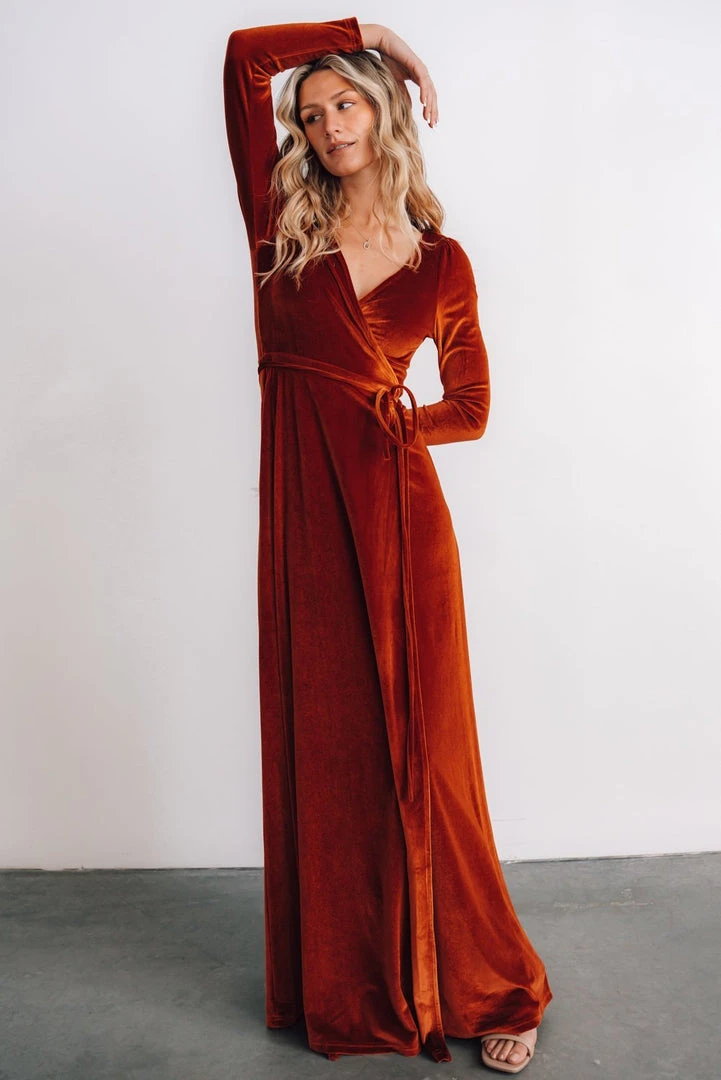 BB Custom Esmerelda Velvet Wrap Maxi Dress | Rust 7 BB Custom Esmerelda Velvet Wrap Maxi Dress | Rust